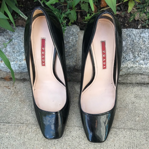 Prada Women's Patent Leather Pumps Heels Square Toe Slip On Stacked HeeI Black - Picture 11 of 16